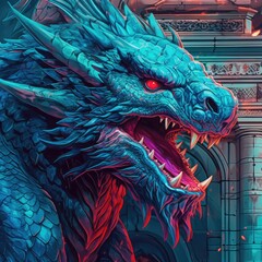 The dragon is blue and red in front of a building