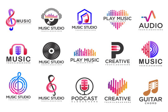 Music icons set.vector logos with musical notes and audio wave .music festival.Vector Illustration.