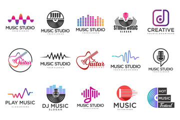 Music icons set.vector logos with musical notes and audio wave .music festival.Vector Illustration.
