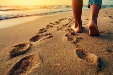 Sommerspaziergang: Füße hinterlassen Spuren im Sand - obrazy, fototapety, plakaty