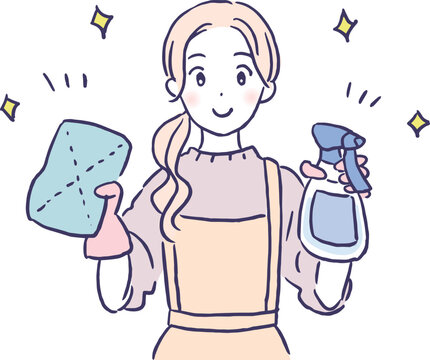 掃除道具を持つ笑顔の女性