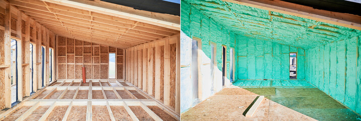 Photo collage before and after thermal insulation room in wooden frame house in Scandinavian style barn house. Comparison of walls sprayed by polyurethane foam. Construction and insulation concept. - obrazy, fototapety, plakaty