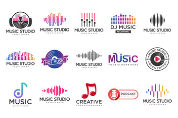 Music icons set.vector logos with musical notes and audio wave .music festival.Vector Illustration.