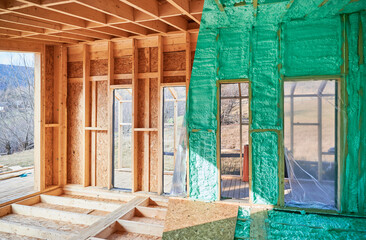 Photo collage before and after thermal insulation room in wooden frame house in Scandinavian style...