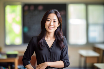 Confident female Asian teacher posing with a whiteboard, asian teacher, school, natural light, affinity, bright background Generative AI - obrazy, fototapety, plakaty