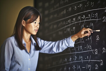 Teacher writing on a chalkboard with mathematical equations, asian teacher, school, natural light, affinity, bright background Generative AI - obrazy, fototapety, plakaty