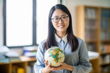 Asian teacher holding a globe and explaining geography, asian teacher, school, natural light, affinity, bright background Generative AI