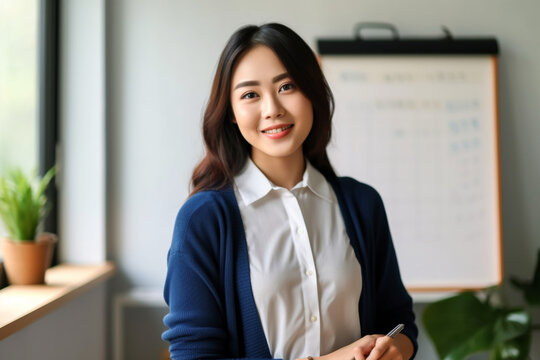 Confident female Asian teacher posing with a whiteboard, asian teacher, school, natural light, affinity, bright background Generative AI
