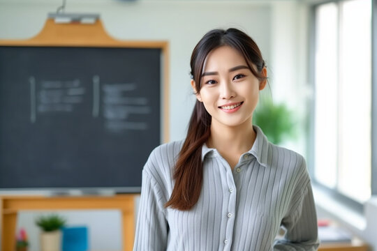 Confident female Asian teacher posing with a whiteboard, asian teacher, school, natural light, affinity, bright background Generative AI