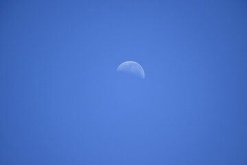 A faintly visible crescent moon in the late afternoon sky.