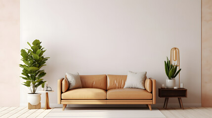 Interior living room wall mockup with leather sofa and decor on white background.