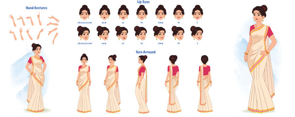 A Indian woman character model sheet. Woman creation set. Girl turnaround sheet, hand gestures, lip sync