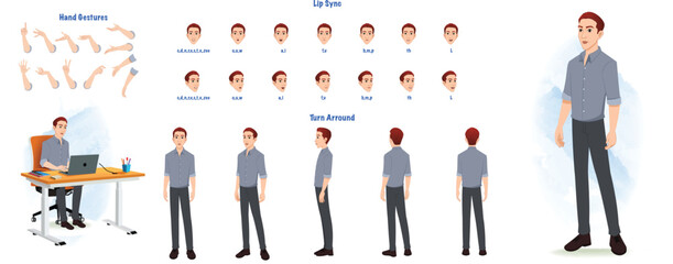 A man model sheet. Male creation set. Male turnaround sheet, hand gestures, lip sync