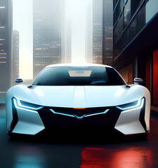 A Silver Sports Car parked in front of a City.