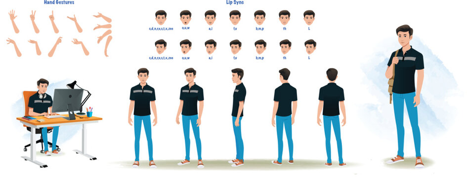 A man modelsheet. man turn around sheet, hand gestures, lip sync