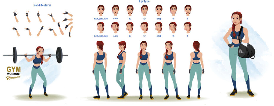 Woman workout model sheet. Woman workout turnaround sheet, hand gestures, lip sync