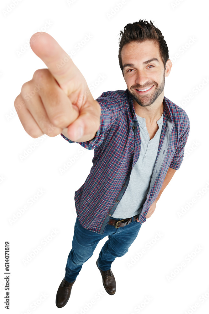 Poster portrait, pointing and info with a man in a shirt isolated on transparent background for attention t