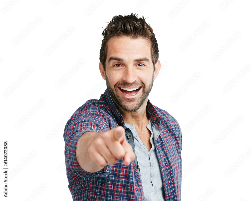 Poster portrait, pointing and vote with a man in a shirt isolated on a transparent background for a decisio