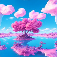 Obraz na płótnie Canvas 3d render. Abstract unique background. Surreal scenery. Fantasy landscape of pink island surrounded by calm water, tree metaphor under the blue sky with white clouds