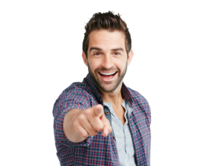 Portrait, pointing and vote with a man in a shirt isolated on a transparent background for a decision. Smile, review or choice with a happy and handsome young male person on PNG to point at you
