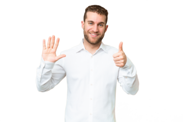 Young handsome blonde man over isolated chroma key background counting six with fingers