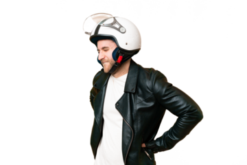 Young handsome blonde man with a motorcycle helmet over isolated chroma key background suffering from backache for having made an effort