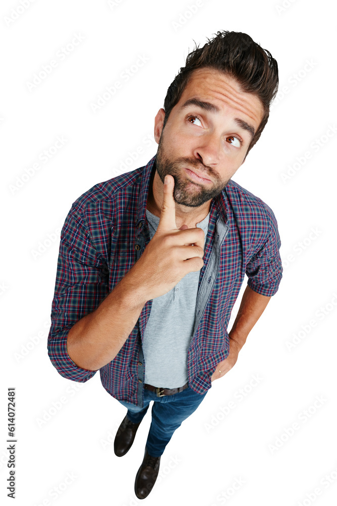 Poster Man, face and thinking for idea, question or solution standing isolated on a transparent PNG background. Thoughtful male person with finger on chin to think for memory or remember in casual clothing