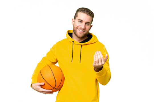 Young handsome blonde man over isolated chroma key background playing basketball and doing coming gesture