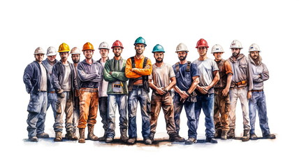 Group of construction workers. Isolated over white background. AI generated