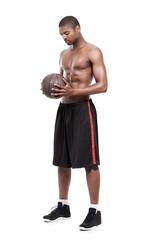 Basketball, sports and black man focus on ball for workout challenge, training practice or fitness commitment. Player development, mindset and African person isolated on transparent, png background