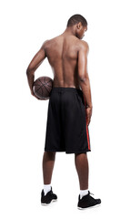 Fototapeta premium Basketball, sports motivation or back of black man, athlete or player workout, training and exercise for practice match. Healthy body, cardio or African person isolated on transparent, png background
