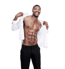Portrait, shirt and black man with body, muscle and fitness results on isolated, transparent and png background. Wellness, face and African male model dressing, shirtless and positive sexy aesthetic