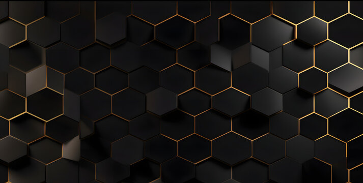 Luxury Hexagonal Abstract Black Metal Background With Golden Light Lines. Dark 3d Geometric Texture Illustration. Bright Grid Pattern. Pure Black Horizontal Banner Wallpaper. Carbon Elegant Wedding BG