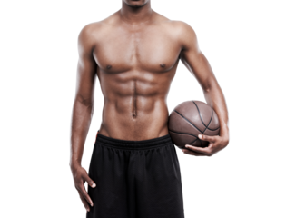 Basketball player, fitness and man body with ball on isolated, transparent and png background. Sports, workout and stomach of male athlete ready for game, challenge and workout, training or match