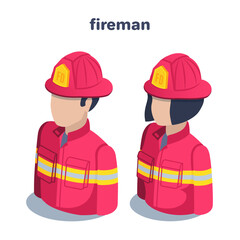 isometric vector illustration isolated on white background, female and male fireman icon, working specialty