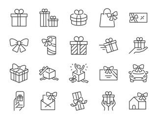 Gift icon set. It included present, allowance, award, benefit, bonus, offering, and more icons. Editable Vector Stroke.
