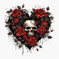 gothic vector art black heart with red roses dark vibe on white background