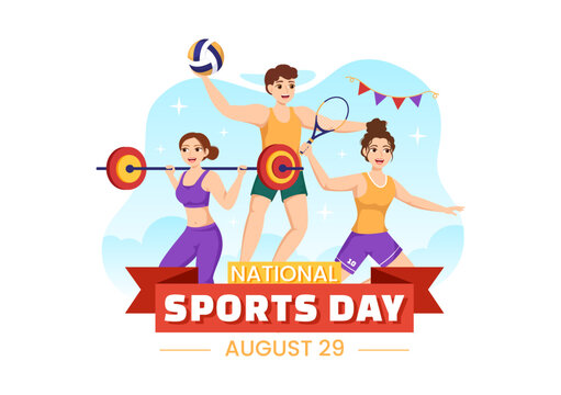 National Sports Day Vector Illustration with Sportsperson from Different Sport in Flat Cartoon Hand Drawn Landing Page Background Templates