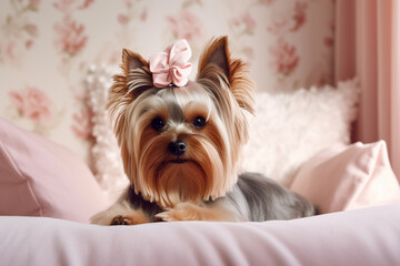 Small Yorkshire Terrier dog with long fur and ribbon lying on pink couch. 