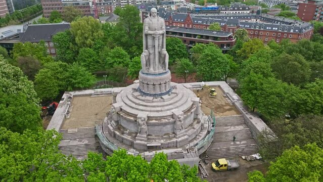 Drone shot of Bismarck Monument ( Bismarck-Denkmal ) , Hamburg , Germany . Large monument featuring a statue of of Otto von Bismarck, the 1st German Chancellor.