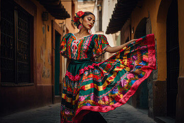 LATIN MEXICAN FOLKLORE, TRADITIONAL, COLORFUL, CULTURAL, REGIONAL DANCER. ai generative