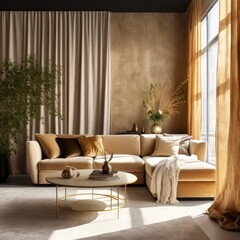 a neutrual cream coloured living room with a velvet sofa surrouned by gold contempary decor including a contrast feature wall