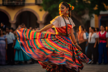 Naklejka premium LATIN MEXICAN FOLKLORE, TRADITIONAL, COLORFUL, CULTURAL, REGIONAL DANCER. ai generative