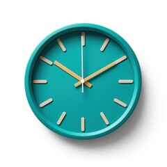 a teal colored clock on a solid white background