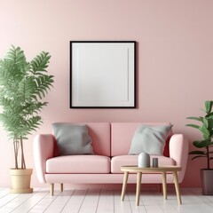 Beautiful bright light pink living room blank wooden frame mock up