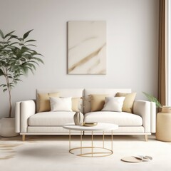image of a modern living room with a white couch two pillows on sofa TV and a white chair in the style of light beige and gold