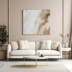 image of a modern living room with a white couch two pillows on sofa TV and a white chair in the style of light beige and gold