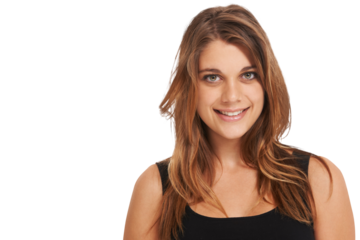 Beauty, portrait and happy woman with hair care, wellness and cosmetics for healthy, clean and silky hairstyle. Face makeup, spa salon and person smile isolated on transparent, png background.