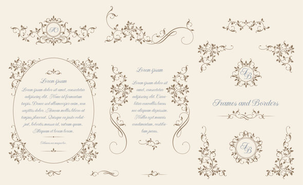 Naklejka Floral monograms and borders, frames for cards, invitations, menus, labels. Classic ornament. Graphic design pages. Leafy border with calligraphic elements.