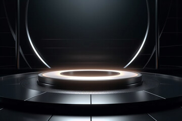 Glowing round podium with black titanium indoor setting. Sci fi futuristic background template. Created with Generative AI technology